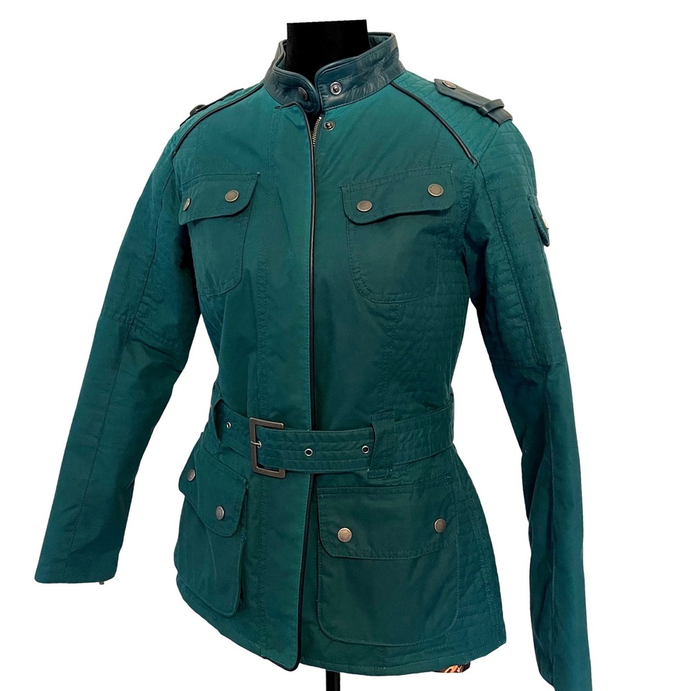 Barbour‎ International Black Streak Jacket Womens Green Waxed Cotton Moto Belted